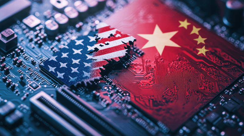 U.S. and China Flags clash, symbolizing computer chips war between countries.