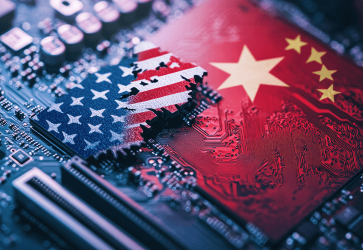 U.S. and China Flags clash, symbolizing computer chips war between countries. 