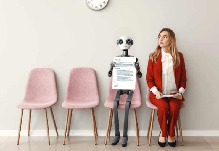 Lady in a red suit with a resume sits next to a robot with a resume